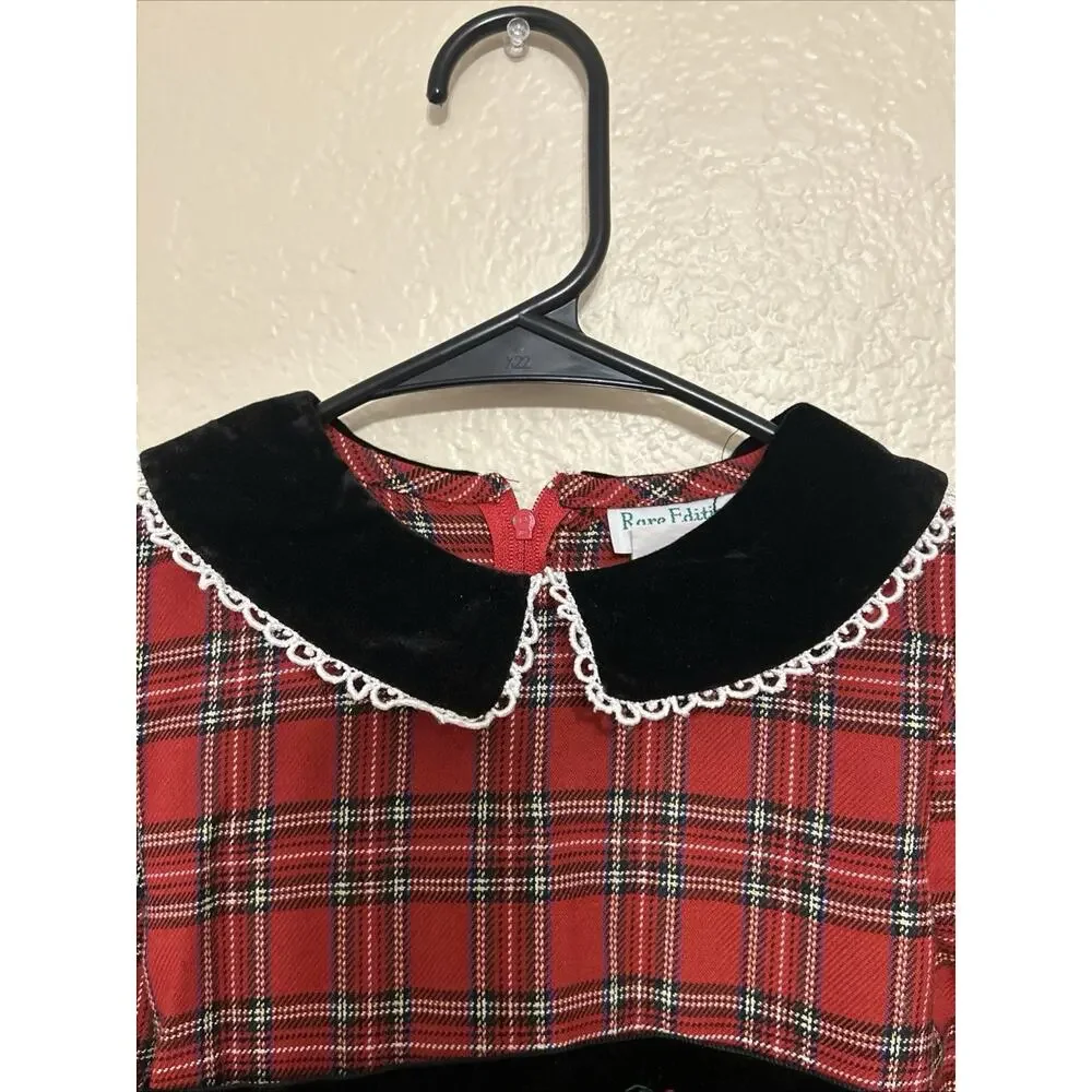 Vintage Rare Editions Dress Red Plaid Black Velvet Buttons Collar Holiday Sz 6